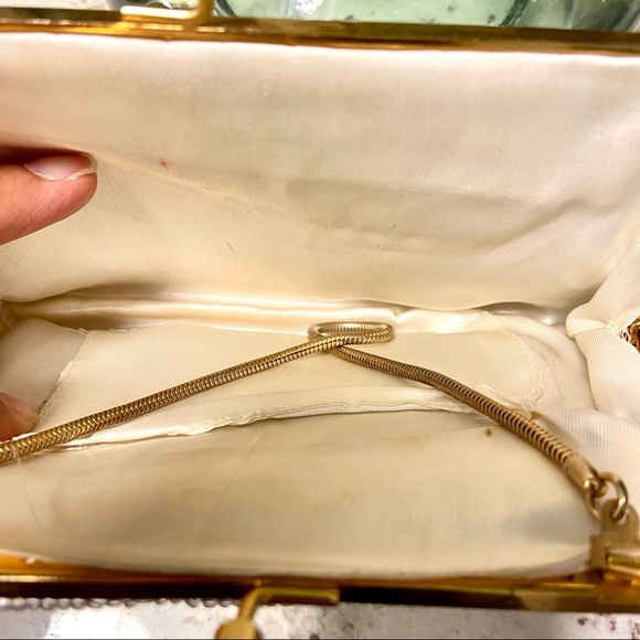 Vintage Beaded Handbag Collectible Satin Fabric Iridescent beading Gold kisslock - Picture 10 of 11